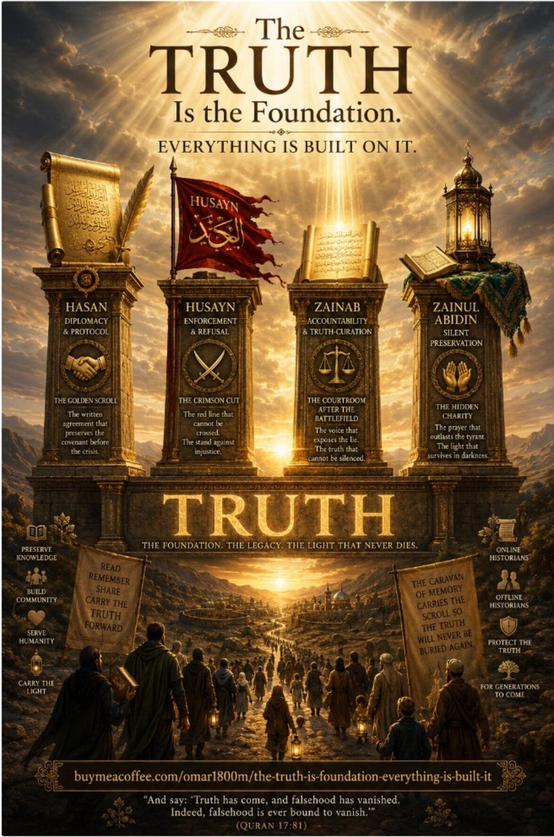 A golden poster titled “The Truth Is the Foundation. Everything Is Built on It.” showing four stone pillars for Hasan, Husayn, Zainab, and Zainul Abidin above a lantern-lit caravan carrying truth forward.