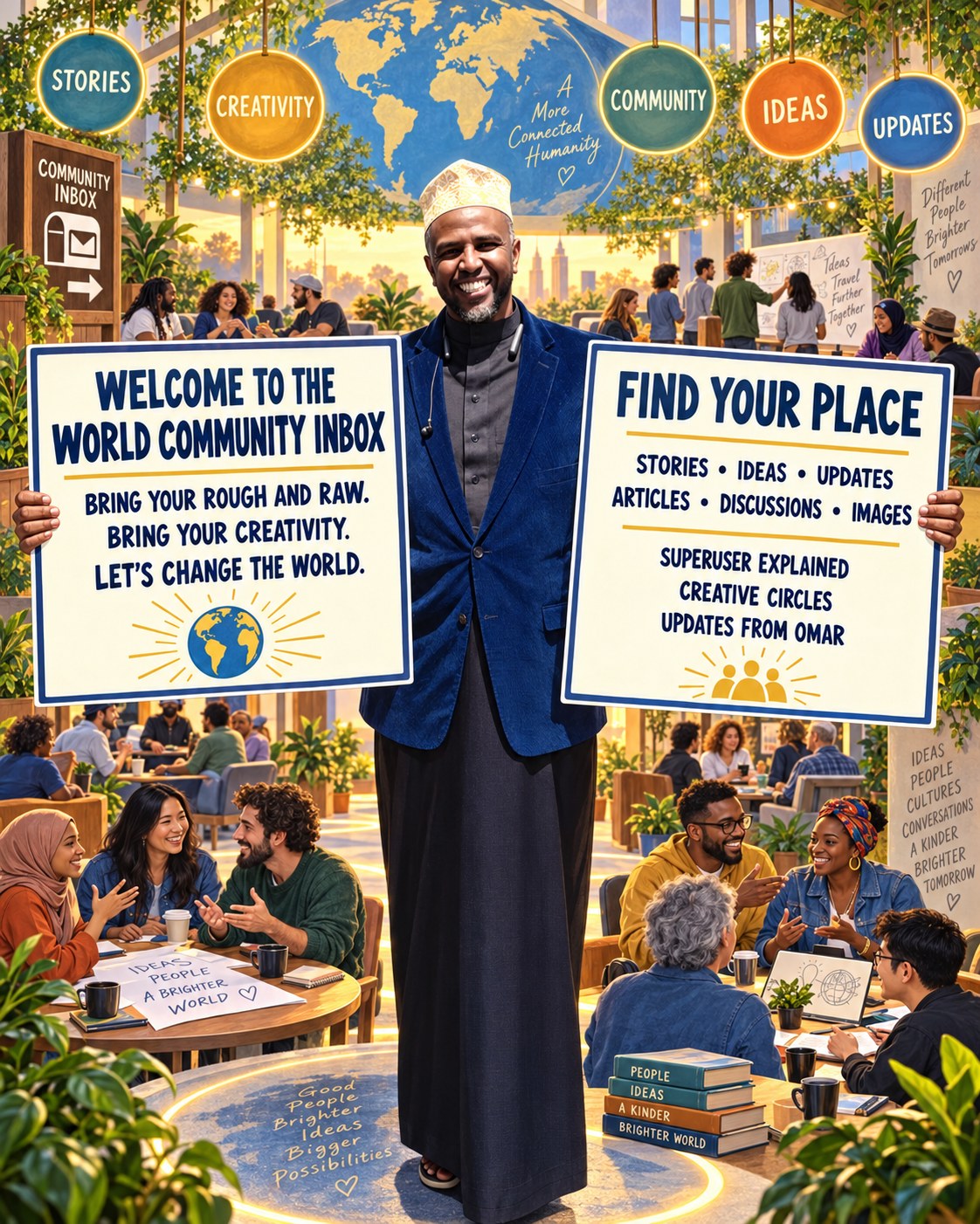 A warm, sunlit illustration of a bright communal space full of plants and long windows. At the centre stands a smiling bearded man in an embroidered cap, a dark blue jacket and a long dark robe, holding up two large signs. The left one reads WELCOME TO THE WORLD COMMUNITY INBOX — bring your rough and raw, bring your creativity, let's change the world — above a small drawn globe. The right one reads FIND YOUR PLACE, and lists stories, ideas, updates, articles, discussions, images, then Superuser explained, creative circles, updates from Omar. Behind him a large painted globe hangs beneath the words a more connected humanity, with round coloured badges strung across the ceiling labelled STORIES, CREATIVITY, COMMUNITY, IDEAS and UPDATES. A wooden sign on the left points to the COMMUNITY INBOX. All around, people of many ages and backgrounds sit at round tables in conversation — talking, laughing, gesturing over coffee cups, notebooks and a laptop. Handwritten notes on the tables and walls read ideas, people, a brighter world; different people, brighter tomorrows; good people, brighter ideas, bigger possibilities.